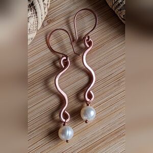 Natural Pearl Earrings Pure Copper Dangle Drop Elegant Artisan Design